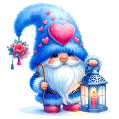 Obraz premium Gnome in love Fur Hat Blue Watercolor clipart PNG