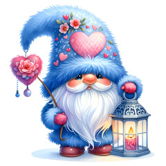 Gnome in love Fur Hat Blue  Watercolor clipart PNG
