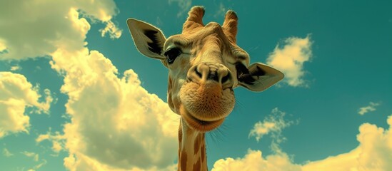 A giraffe is standing in front of a cloudy blue sky. The giraffes head is prominent in the frame,...
