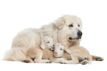 Baby goats cuddling up to a Great Pyrenees dog that guards and protects them, isolated on transparent background.
