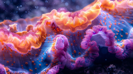 Closeup of a vibrant coral reef where the texture of its pulsating patterns resembles a lively underwater dance.
