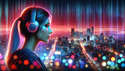 Futuristic Woman with Glowing Headphones in Cityscape