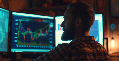 Bearded Analyst Evaluating Market Fluctuations on Dual Computer Screens