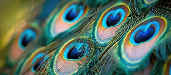 This photo showcases the vibrant and detail-rich colorful feathers of a peacocks tail, adding a burst of exquisite detail to any setting.