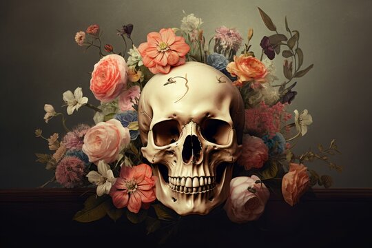 Mysterious Skull flowers art. Texture object. Generate Ai