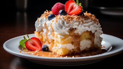 Decadent Delight: Indulgent Shot of Torta de Tres Leches, Moist Cake, Fluffy Cream, and Juicy Fruit