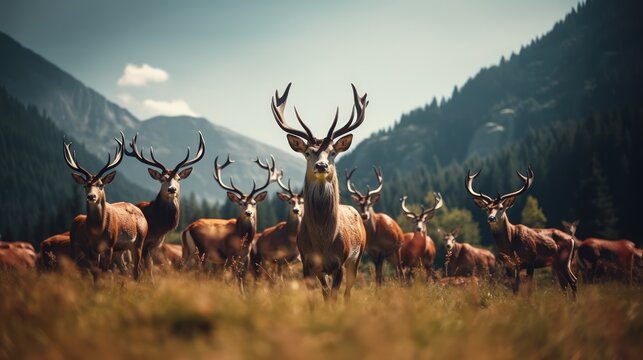 A herd of deer graze in a field with mountains in the background.