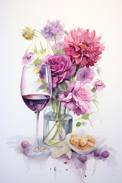 Beautiful watercolor illustration of a glass of wine and flowers