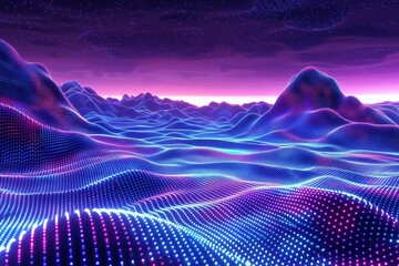 Abstract 3D rendered neon grid with digital waves and cybernetic landscape