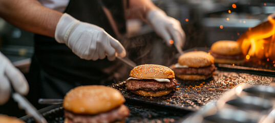 Chef creating meat cutlet burgers for takeaway orders in fast food restaurant - obrazy, fototapety, plakaty