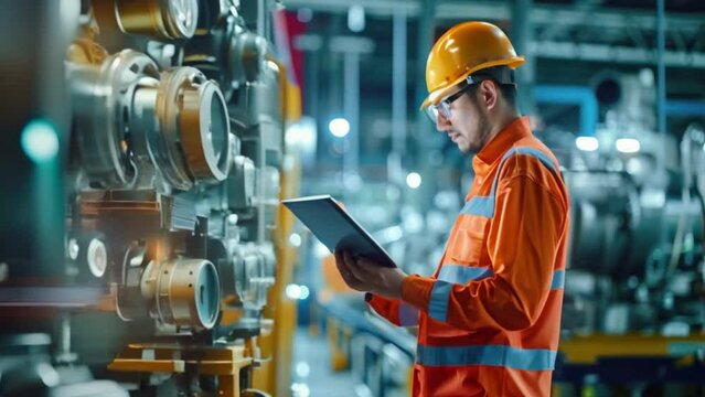 engineer looking ipad and control machinery in factory