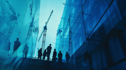 engineering construction infrastructure ideas concept silhouette of business people standing teamwork together multi exposure with industrial building construction in blue and gray color tone - obrazy, fototapety, plakaty