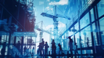 Fotobehang engineering construction infrastructure ideas concept silhouette of business people standing teamwork together multi exposure with industrial building construction in blue and gray color tone © ND STOCK