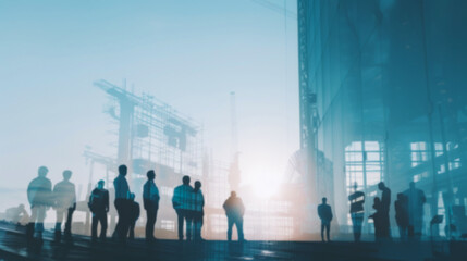 Fototapeta na wymiar engineering construction infrastructure ideas concept silhouette of business people standing teamwork together multi exposure with industrial building construction in blue and gray color tone
