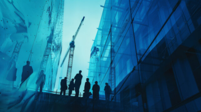 engineering construction infrastructure ideas concept silhouette of business people standing teamwork together multi exposure with industrial building construction in blue and gray color tone
