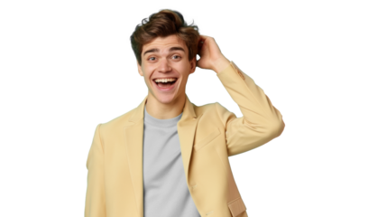 Excited man in pastel yellow suit with wide eyes, transparent background.