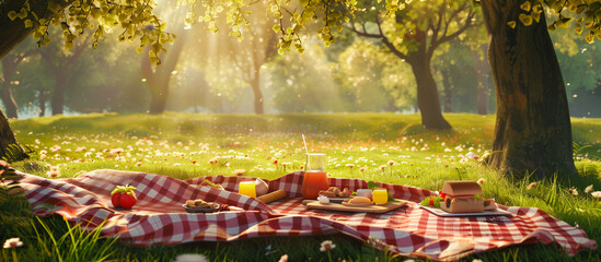 summer picnic with delicious fresh food at serene park