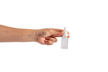 Hand and plastic white tube for cream or lotion. Skin care or sunscreen cosmetic on transparent background.