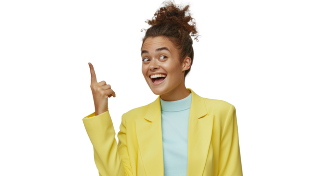 Businesswoman in yellow suit pointing, excited discovery