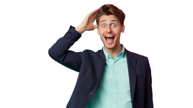 Enthusiastic businessman scratching head, bright idea., transparent background.