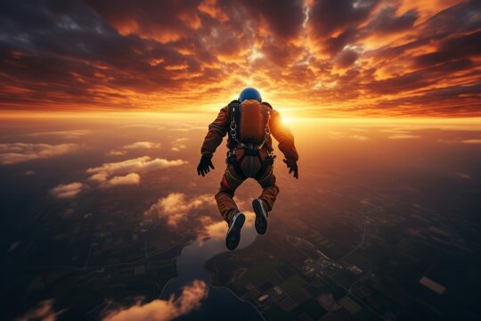 Breathtaking Skydiver sunset. Sport adventure travel. Generate Ai