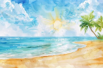 Fototapeta na wymiar Holiday beach scene in watercolor with sun, sand, and sea