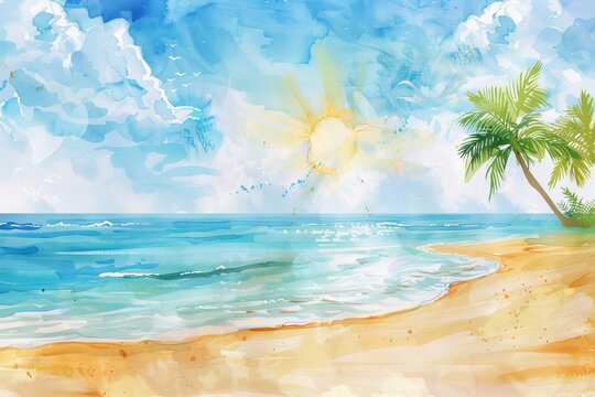 Holiday beach scene in watercolor with sun, sand, and sea