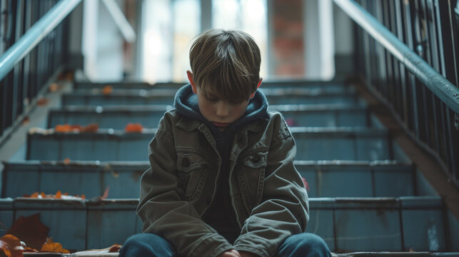 A poignant portrayal of the bullying concept, depicting a solitary and despondent boy seated alone on stairs