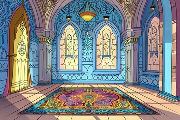 Naklejka premium Cartoon cute doodles of a serene Ramadan mosque interior with colorful prayer rugs and intricate Islamic patterns, Generative AI
