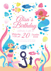 Birthday invitations Template Girl Pink Mermaid 