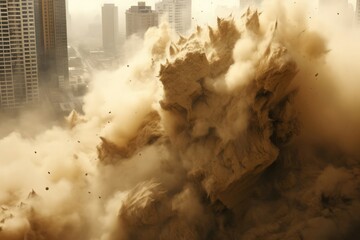 Majestic Skyscraper crushing dust city. Stone work. Generate Ai