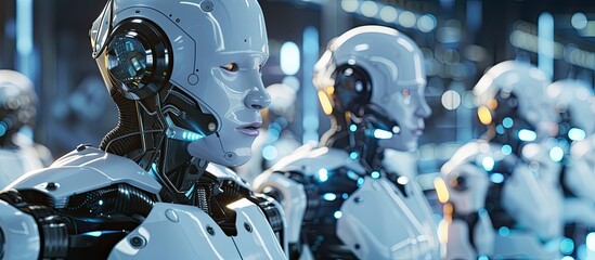 A team of robots, led by an AI-driven bionic Android, is standing in a room as they work together in cyberspace. The robots are aligned and ready for their assigned tasks.