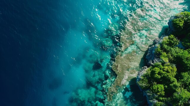 Panoramic aerial view of a coral reef in clear blue tropical waters.