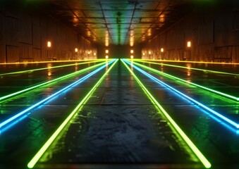 Fototapeta na wymiar Futuristic Neon Light Corridor with Green and Blue Laser Lines Illuminating a Dark Industrial Passage, Invoking a Cyberpunk Aesthetic