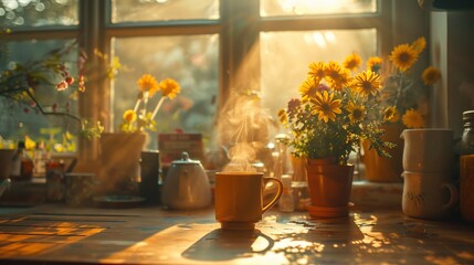 Aromatic hot coffee in a mug, steam swirling above, a comforting morning ritual captured in warm, homely kitchen light, AI Generative - obrazy, fototapety, plakaty