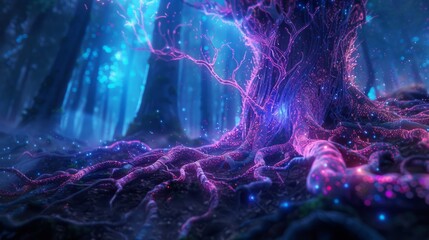Surreal 3D rendered neon roots and vines in an ethereal forest setting