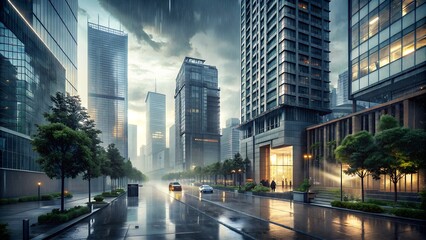 Fototapeta na wymiar Dynamic Urban Architecture in Torrential Rain