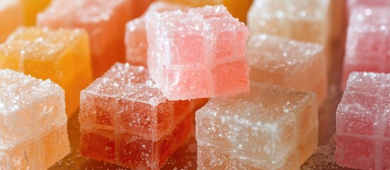 A detailed view of multiple sugar cubes, each featuring a different color, commonly used during coffee breaks or leisurely moments, with French Guerande salt written on them.