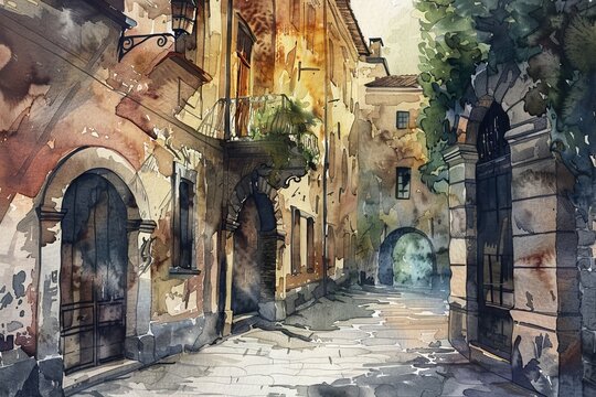 Vintage watercolor city streets and old buildings