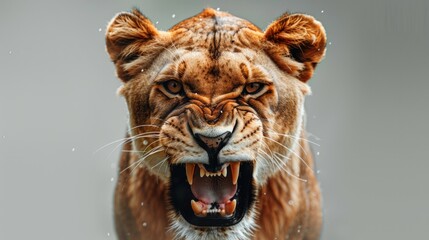 fierce lioness, baring sharp teeth, warning display, intense focus, powerful, dramatic, spotlight effect, AI Generative