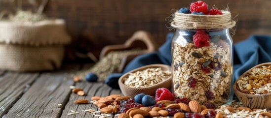 A healthy breakfast of homemade oatmeal muesli, nuts, seeds, and dried fruit, stored in a glass jar, placed on a rustic kitchen table.