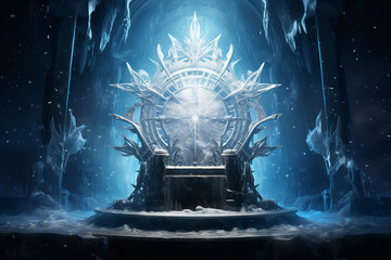 royal chair, throne made of ice, dark background - obrazy, fototapety, plakaty