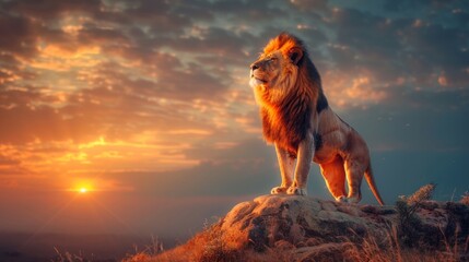 majestic lion, future king, standing on pride rock, sunrise horizon, epic, vibrant savannah landscape, cinematic, golden hour lighting, AI Generative
