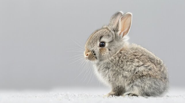 Funny bunny, a baby rabbit with soft gray fur and long ears standing alert, captured for Easter Day, its curious gaze and fluffy texture against a white backdrop, AI Generative