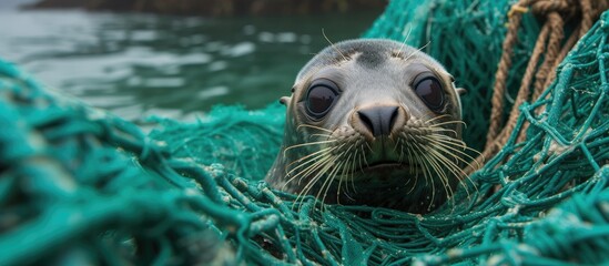 A sea lion is trapped in a fishing net, its eyes looking directly at the camera. The heartbreaking image highlights the impact of plastic pollution on marine wildlife. - obrazy, fototapety, plakaty