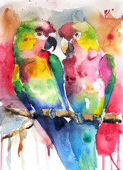Parrot, macparrot, macaw, cockatoo, watercolor. Watercolor illustration of two parrots. Watercolor parrot couple. Kids drawing, illustration, child art. Watercolor parrots on branch, vector. Ara macao