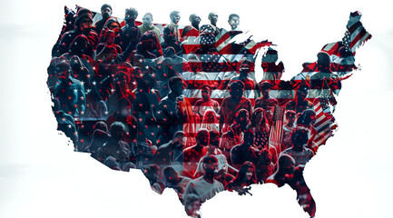 A mosaic of diverse American faces forms the map of the USA with a patriotic color scheme.