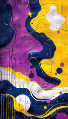 A canvas features abstract art with swirling patterns of yellow, purple, and blue with dripping paint.