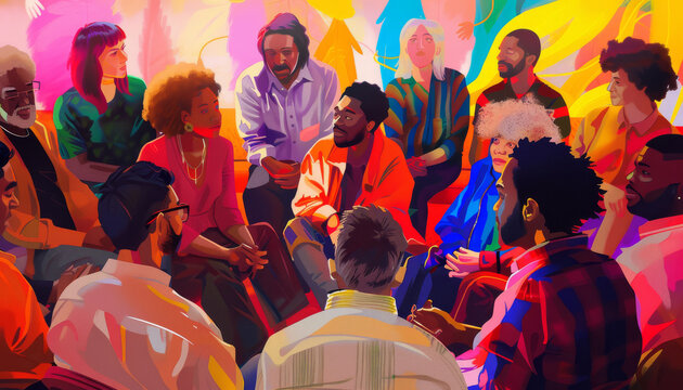 Illustration of a diverse group of people engaging in an animated discussion in a vibrant, colorful setting.