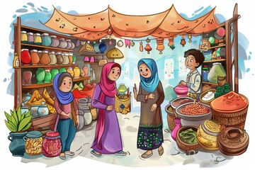 Cartoon cute doodles of a group of friends walking through a Ramadan marketplace filled with spices, textiles, and trinkets, Generative AI